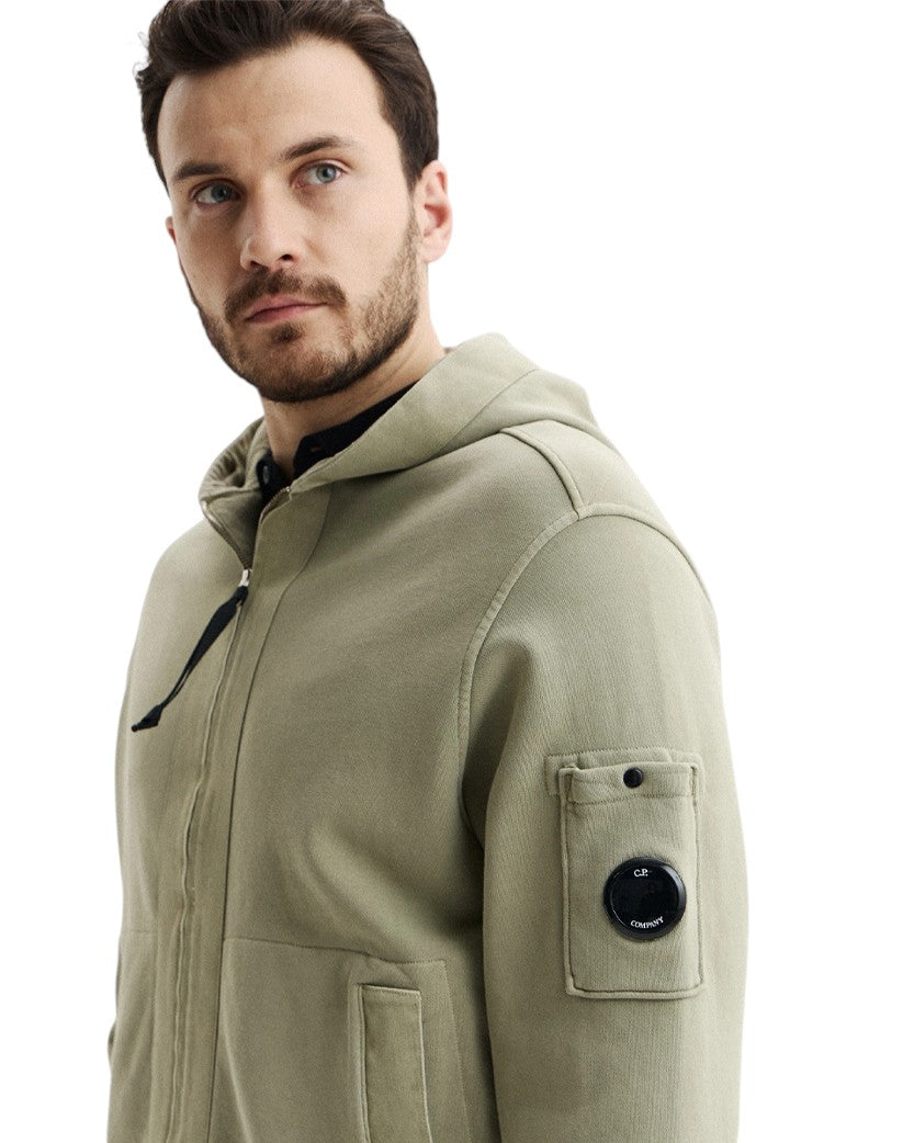 C.P. Company Cotton Diagonal Fleece Zip Hoodie Grey Green 20CMSS039A110044R