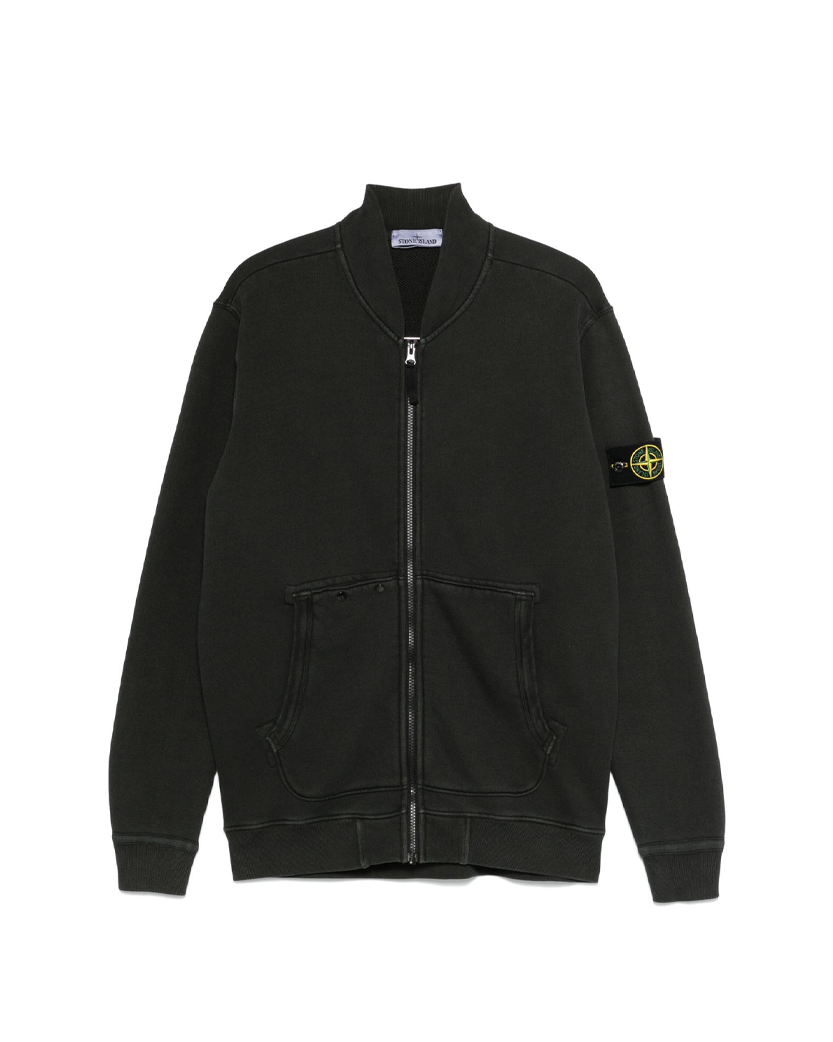 Stone Island 65241 Organic Cotton Diagonal Fleece 'Old' Effect Zip Sweatshirt Black