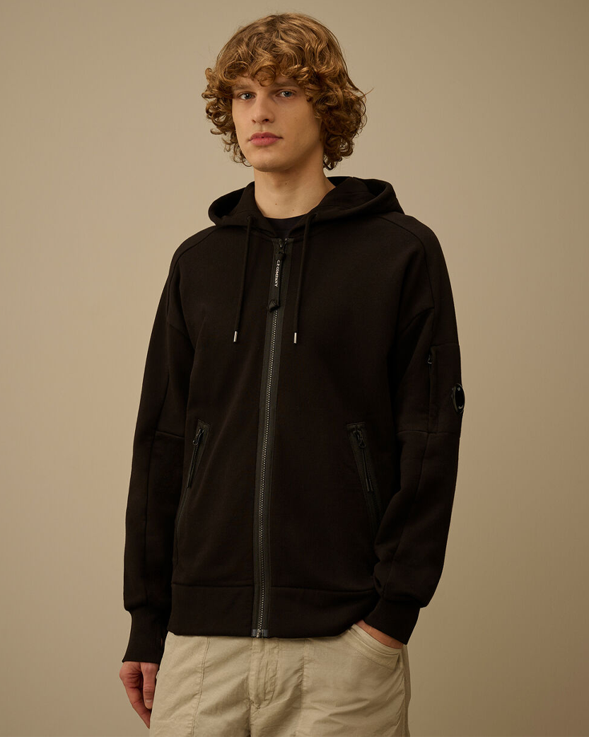C.P. Company Diagonal Raised Fleece Lens Full Zip Hoodie Black RCCMSS716A005086W