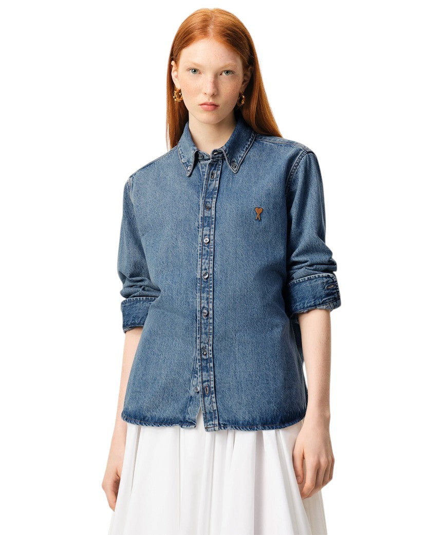 Ami Paris Cotton Ami De Coeur Denim Shirt Blue