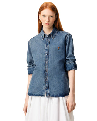 Ami Paris Cotton Ami De Coeur Denim Shirt Blue