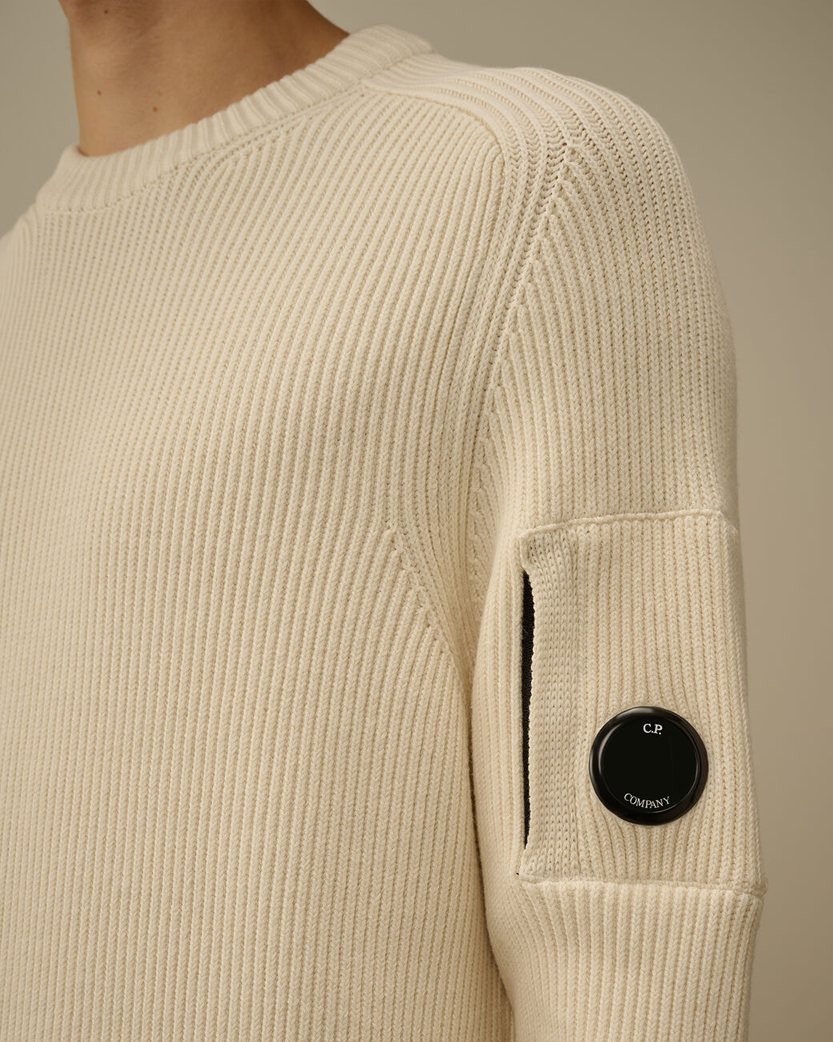 C.P. Company Full Rib Crewneck Lens Sweater Gauze White 19CMKN015A006608A