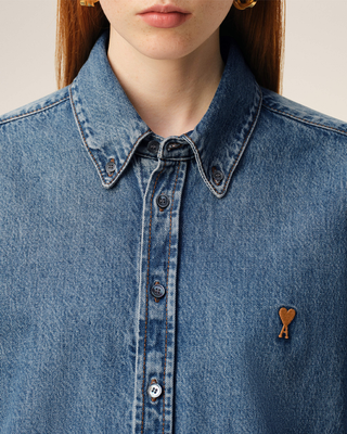 Ami Paris Cotton Ami De Coeur Denim Shirt Blue
