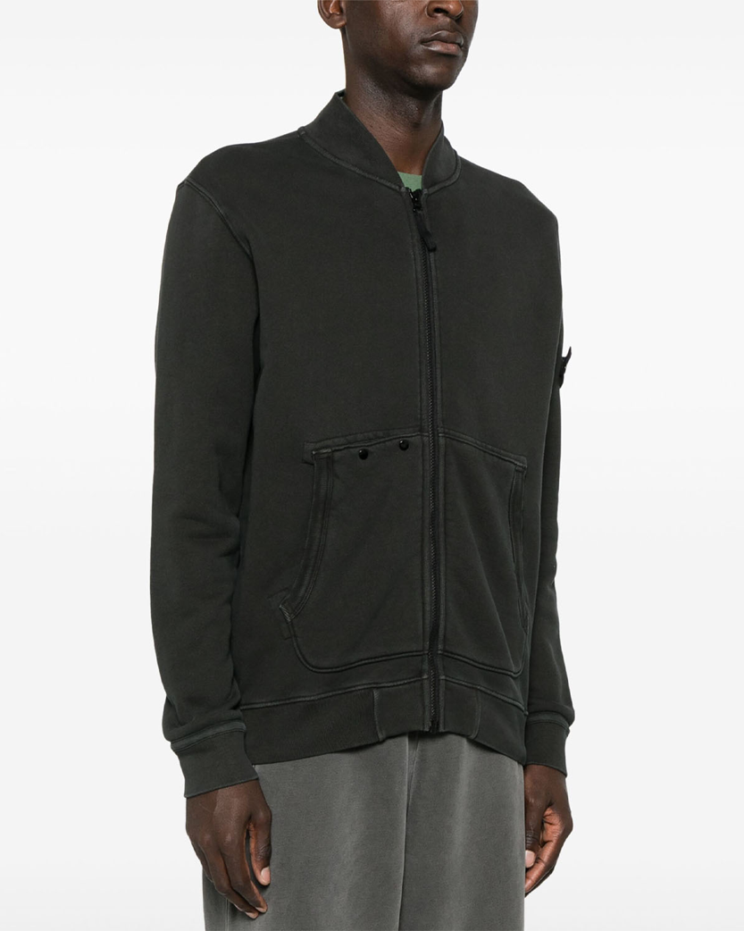 Stone Island 65241 Organic Cotton Diagonal Fleece 'Old' Effect Zip Sweatshirt Black