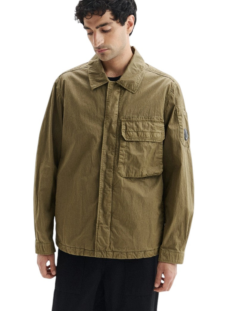 C.P. Company  50 Fili Wax Zipped Lens Overshirt Dried Herb Green 20CMOS160A110543D