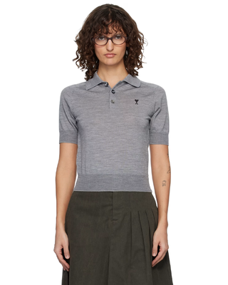 Ami Paris Short-Sleeved Wool Polo Shirt Grey Noir