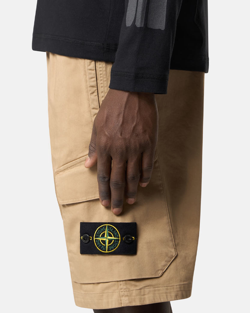 Stone Island L100L03 Organic Stretch Cotton Satin Regular Fit Cargo Bermuda Shorts Beige