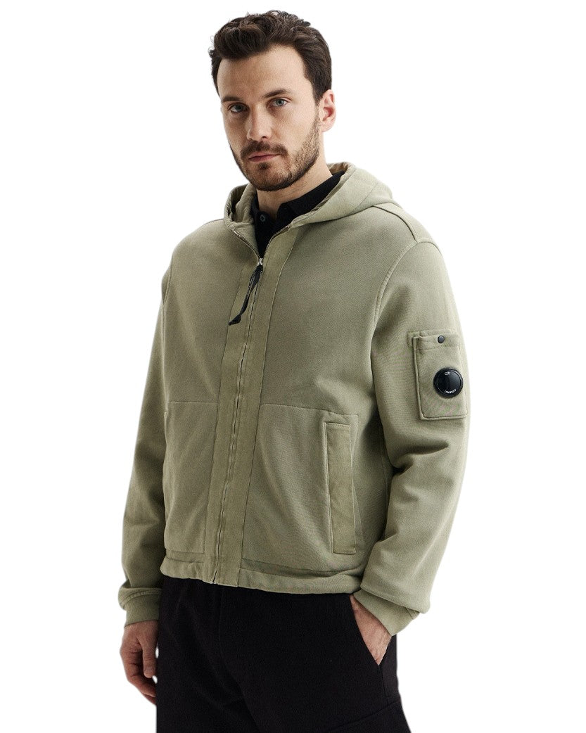 C.P. Company Cotton Diagonal Fleece Zip Hoodie Grey Green 20CMSS039A110044R