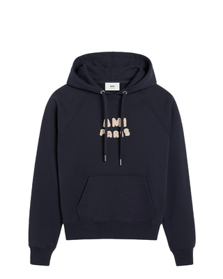 Ami Paris Patch Cotton Hoodie Navy Blue