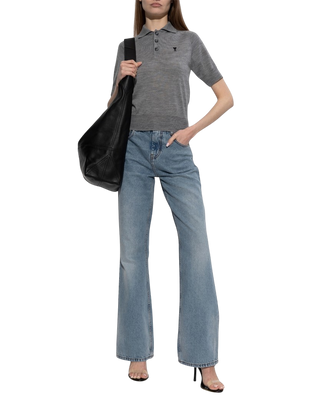 Ami Paris Short-Sleeved Wool Polo Shirt Grey Noir