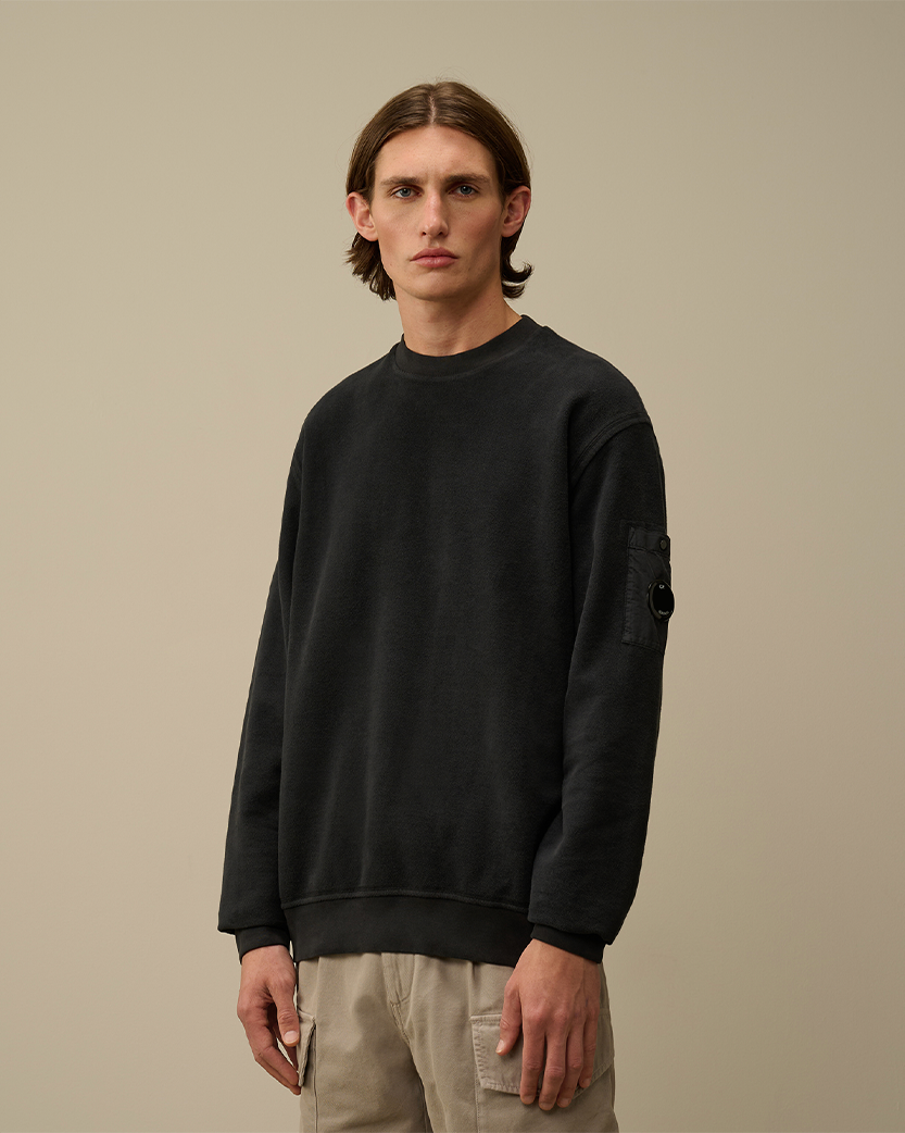 C.P. Company Reverse Brushed &amp; Emerized Diagonal Fleece Crewneck Sweatshirt Black