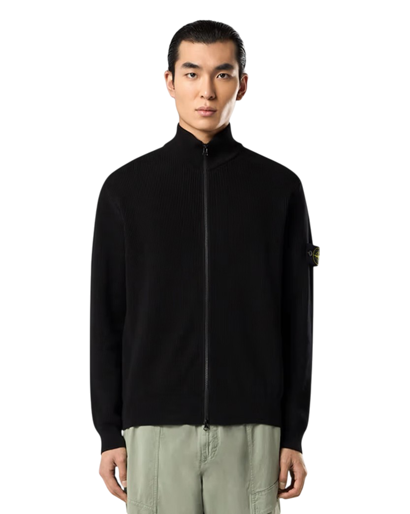 Stone Island 5100026 Ribbed Soft Organic Cotton Zip Cardigan Black