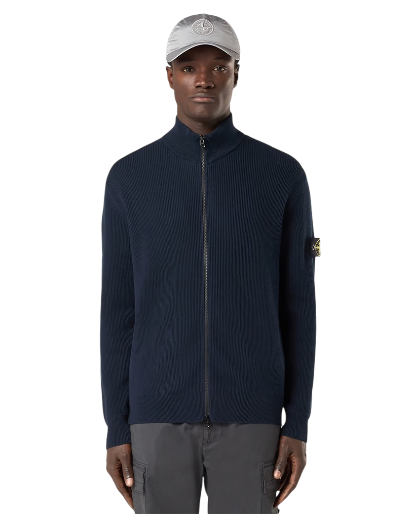 Stone Island 5100026 Ribbed Soft Organic Cotton Zip Cardigan Navy Blue