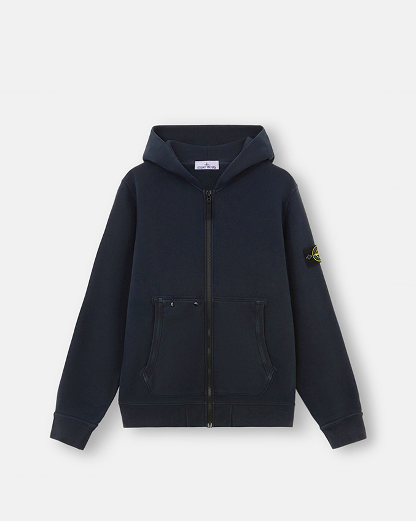 Stone Island 63341 Organic Cotton Diagonal Fleece 'Old' Effect Zipper Hoodie Navy Blue