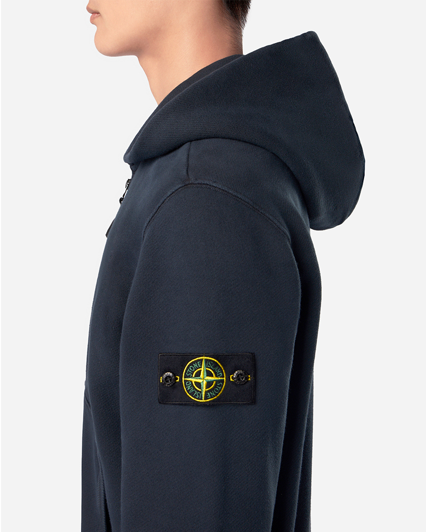 Stone Island 63341 Organic Cotton Diagonal Fleece 'Old' Effect Zipper Hoodie Navy Blue
