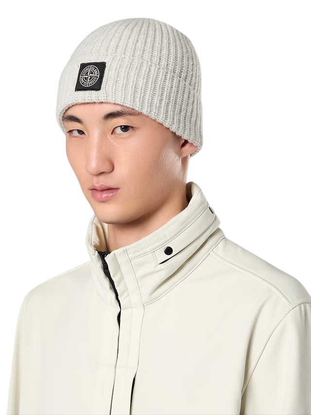 Stone Island N10B5 RWS GEELONG WOOL Beanie with Logo Patch Pearl Grey