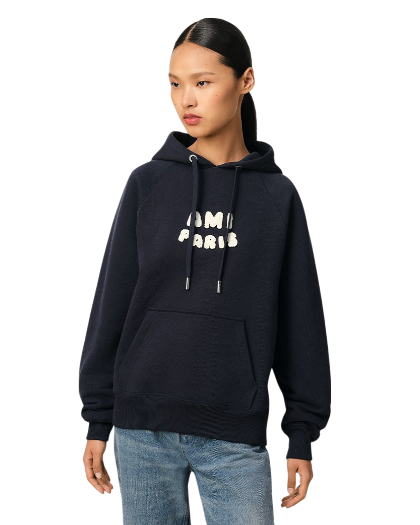 Ami Paris Patch Cotton Hoodie Navy Blue