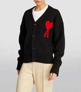 AMI Paris Big Heart Logo Wool Cardigan Black