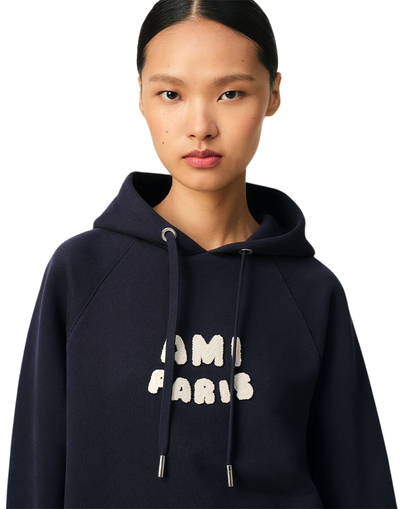 Ami Paris Patch Cotton Hoodie Navy Blue