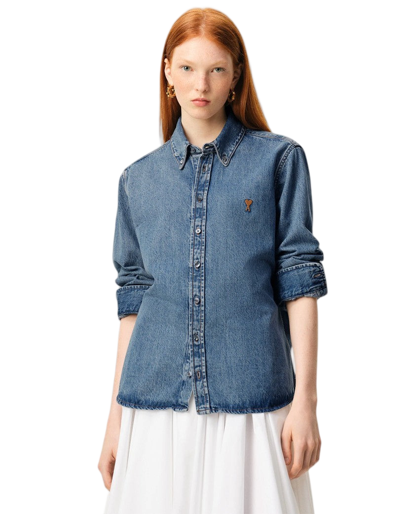 Ami Paris Cotton Ami De Coeur Denim Shirt Blue