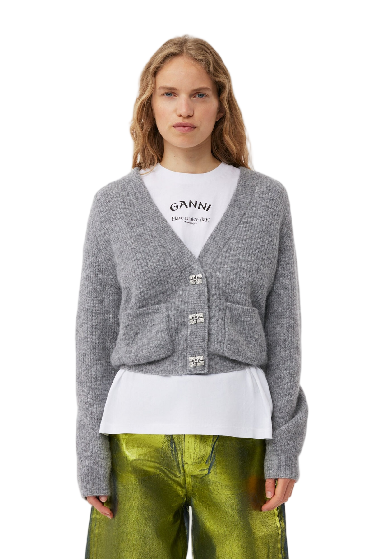 Ganni Logo Duttons Cardigan Grey