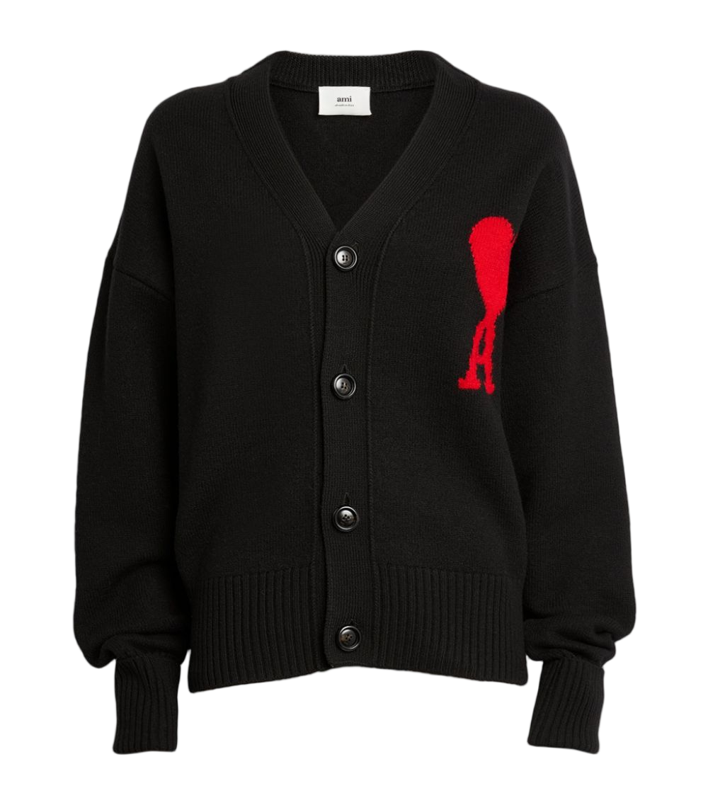 AMI Paris Big Heart Logo Wool Cardigan Black