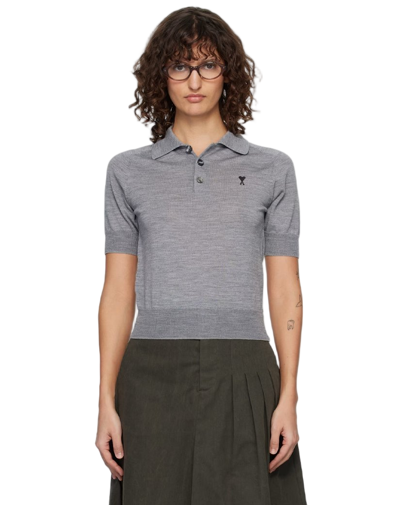 Ami Paris Short-Sleeved Wool Polo Shirt Grey Noir