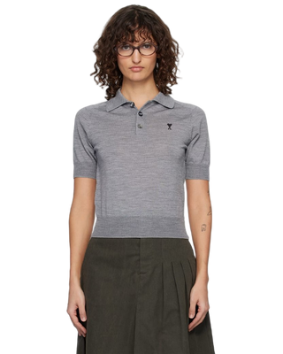 Ami Paris Short-Sleeved Wool Polo Shirt Grey Noir