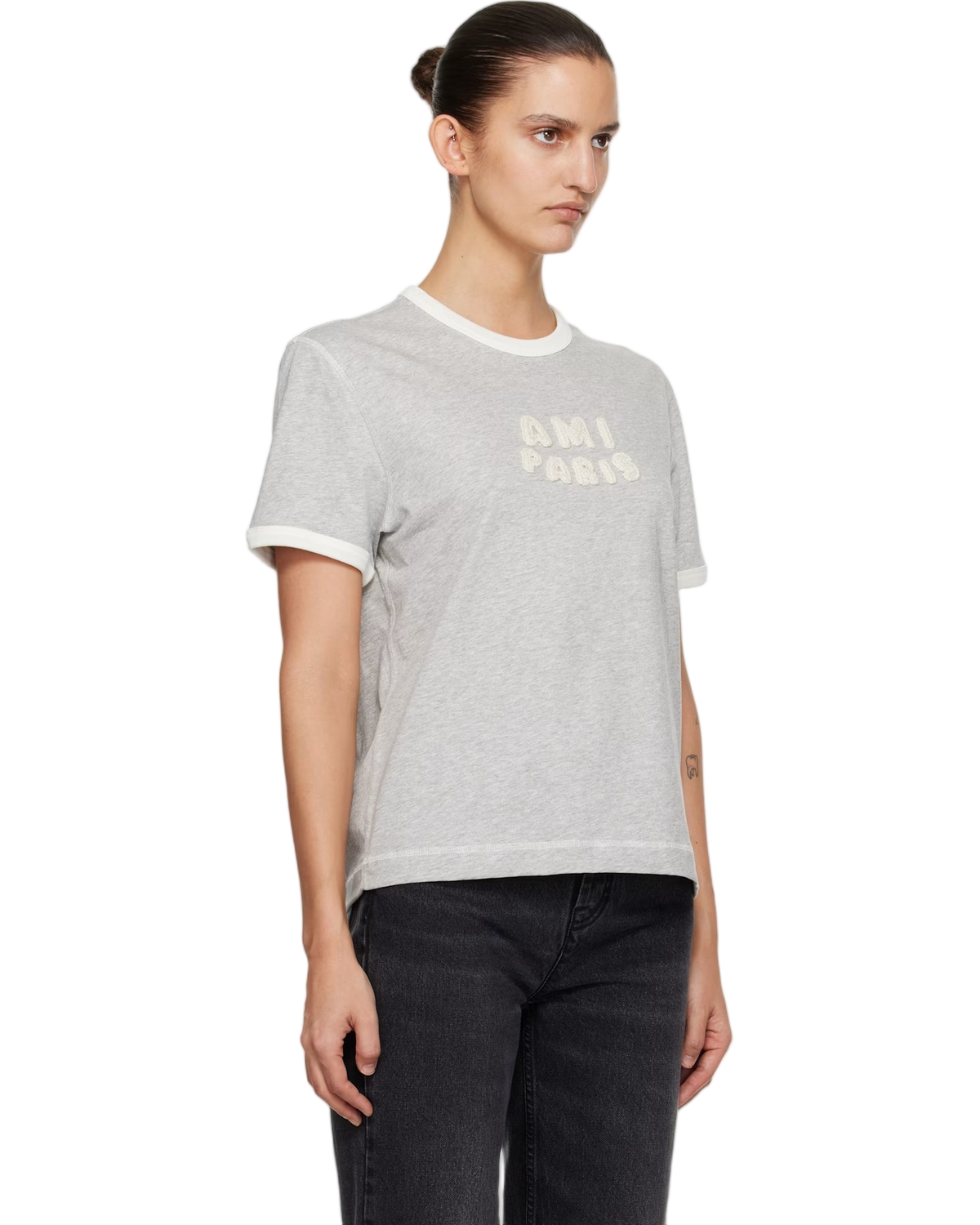 Ami Paris Cotton Knitted Patch T-shirt Grey