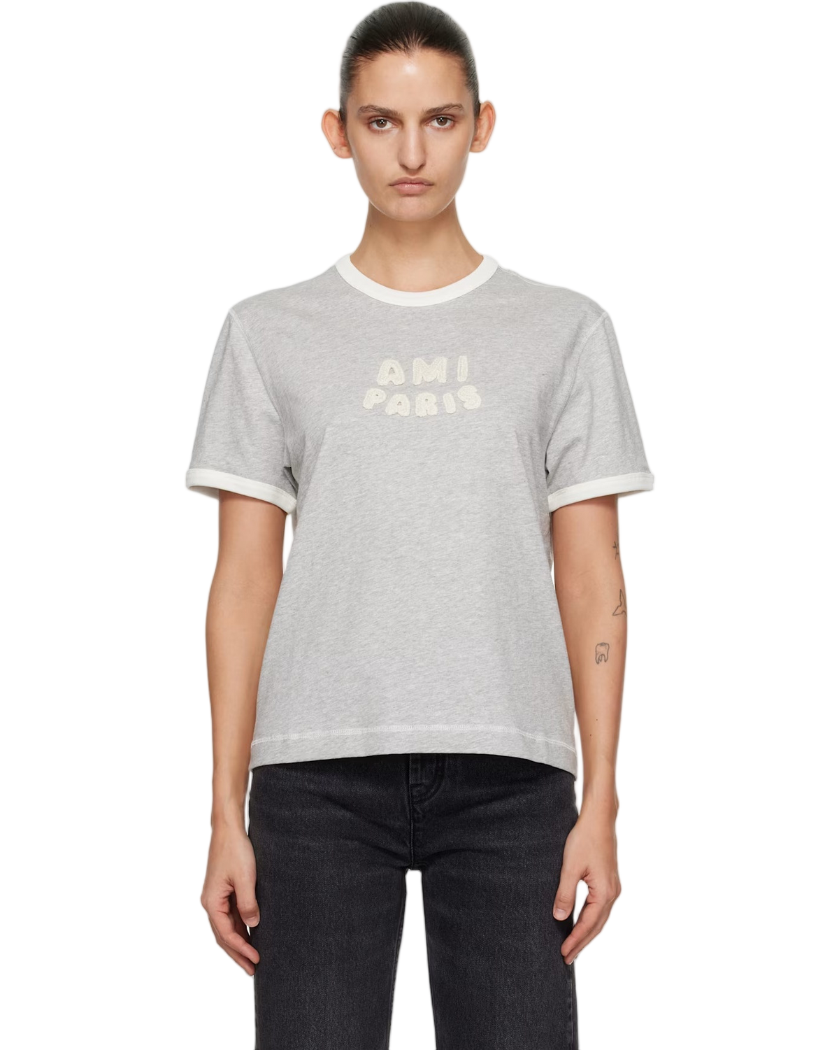 Ami Paris Cotton Knitted Patch T-shirt Grey