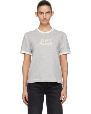 Ami Paris Cotton Knitted Patch T-shirt Grey