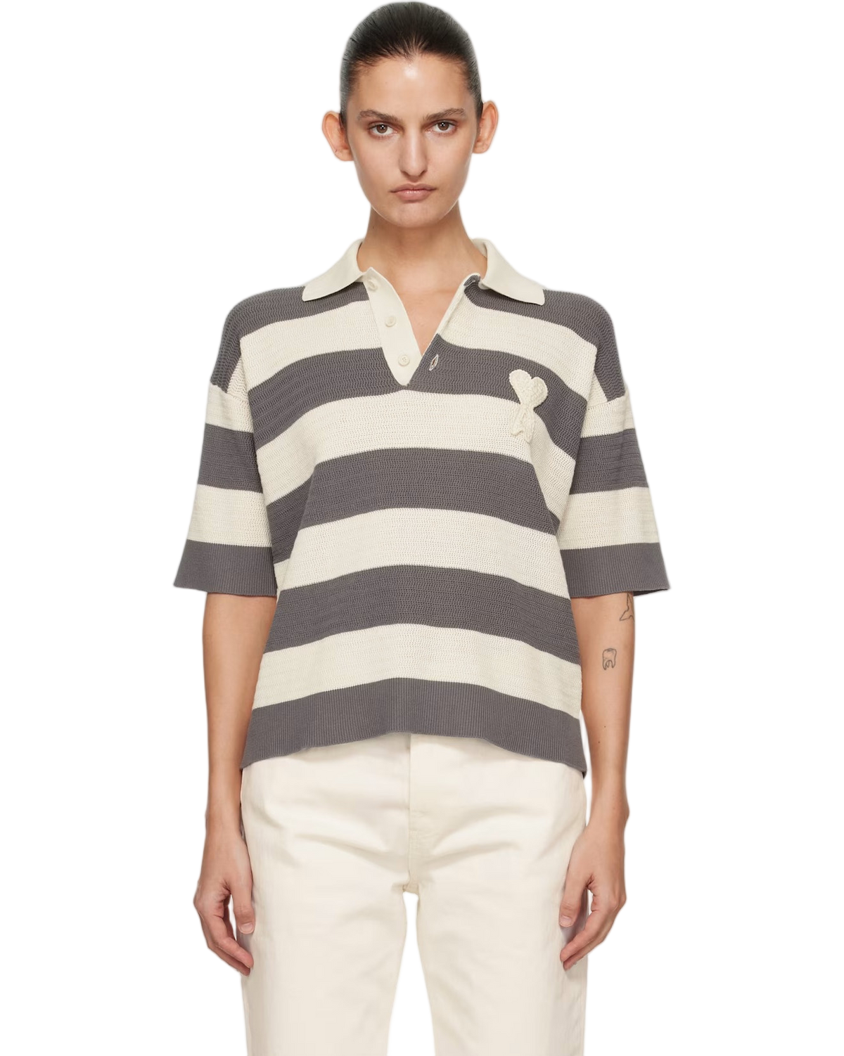 Ami Paris Cotton Ami De Coeur Polo Off White/Grey