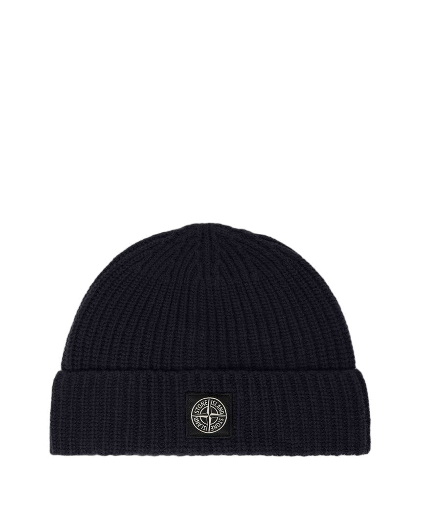 Stone Island N100012 LIGHT RWS GEELONG WOOL Compass Patch Beanie Navy Blue
