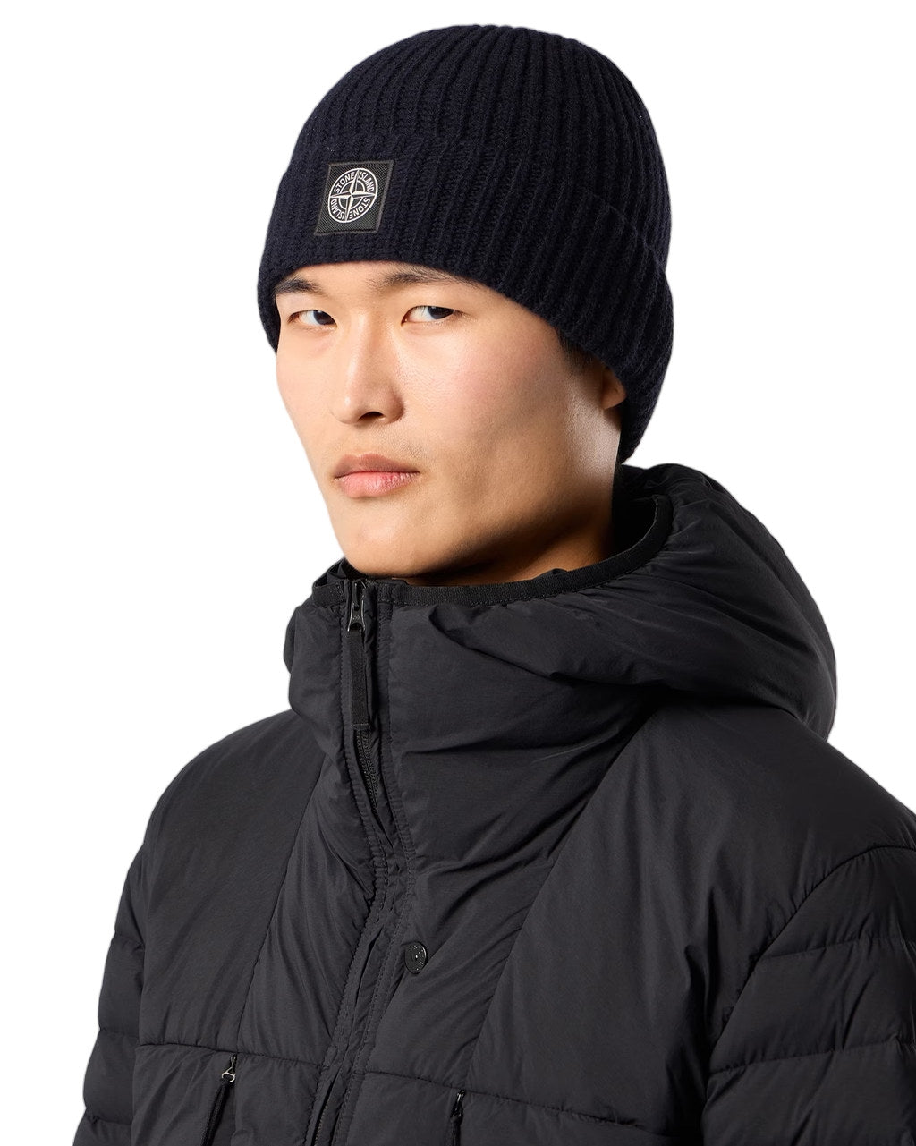 Stone Island N100012 LIGHT RWS GEELONG WOOL Compass Patch Beanie Navy Blue