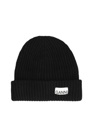 Ganni Ribbed Knit Beanie Black