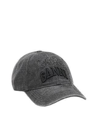 Ganni Washed Embroidery Denim Cap Black