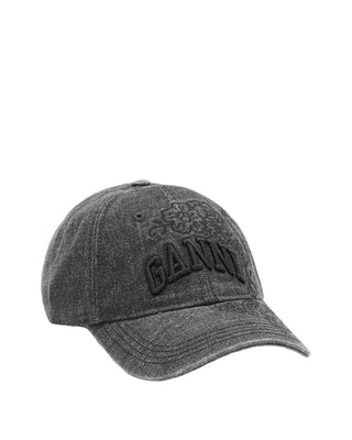 Ganni Washed Embroidery Denim Cap Black