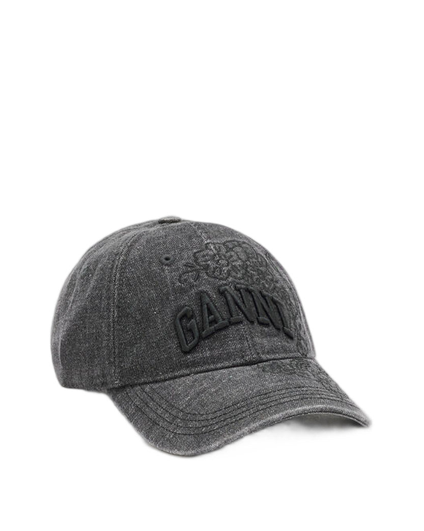 Ganni Washed Embroidery Denim Cap Black