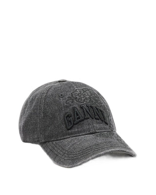 Ganni Washed Embroidery Denim Cap Black