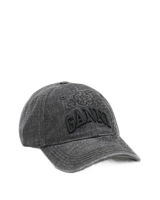 Ganni Washed Embroidery Denim Cap Black