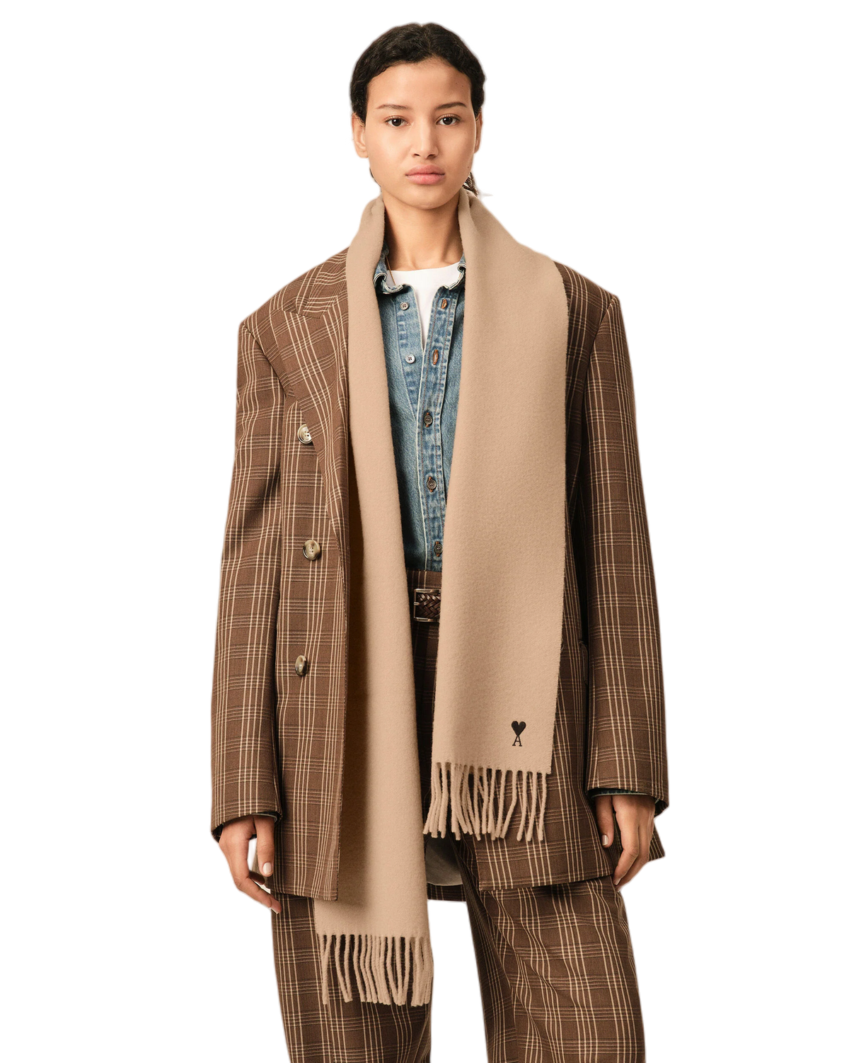 Ami Paris Wool Scarf with Ami de Coeur Mastic Beige