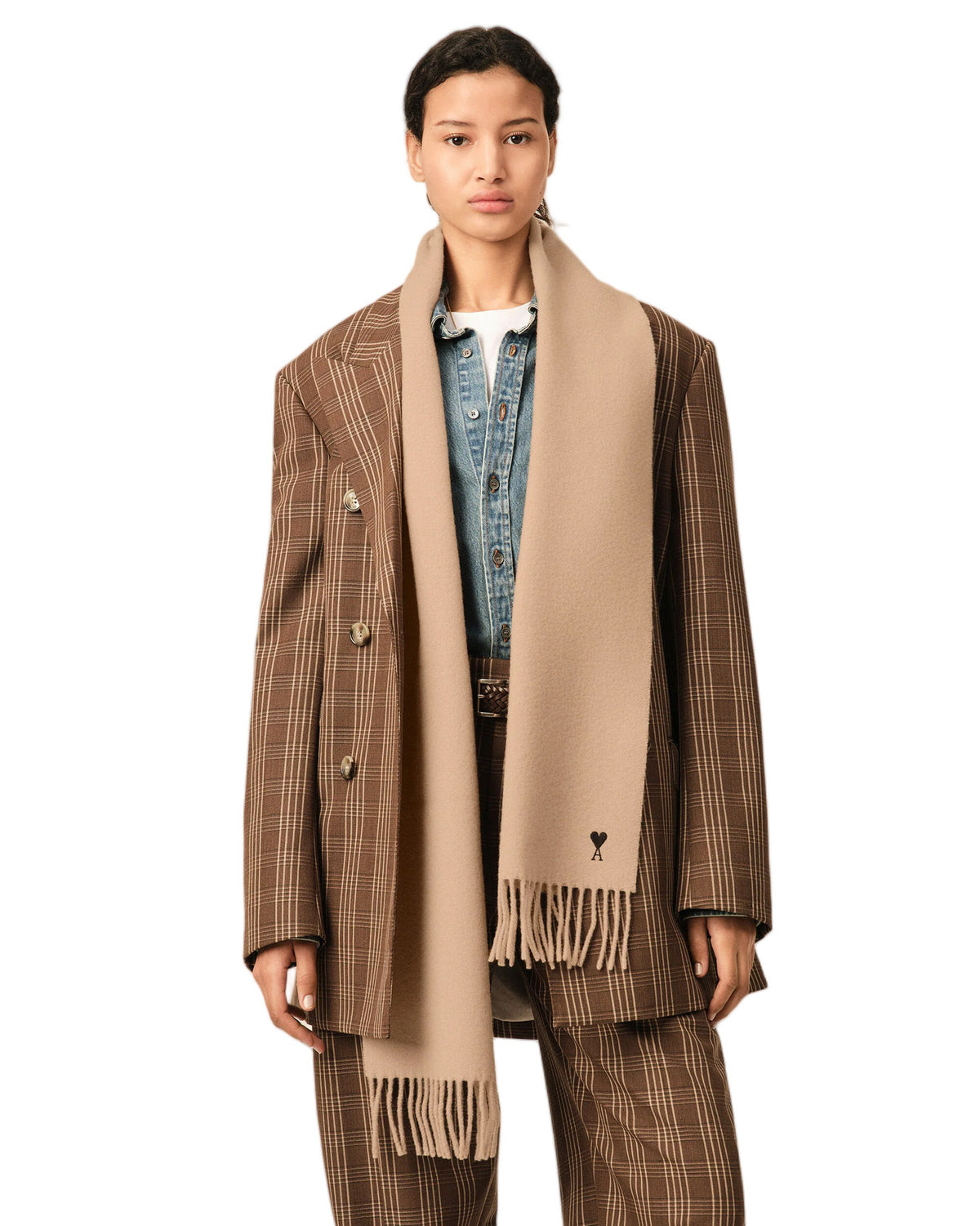 Ami Paris Wool Scarf with Ami de Coeur Mastic Beige