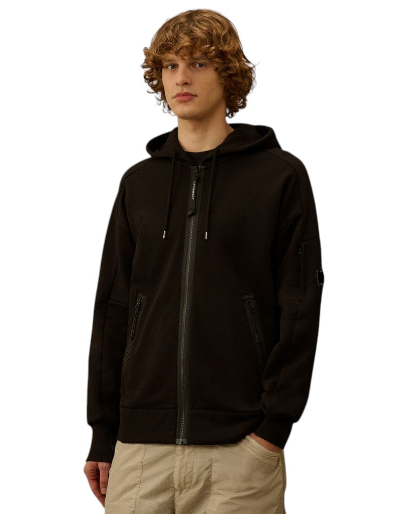 C.P. Company Diagonal Raised Fleece Lens Full Zip Hoodie Black RCCMSS716A005086W