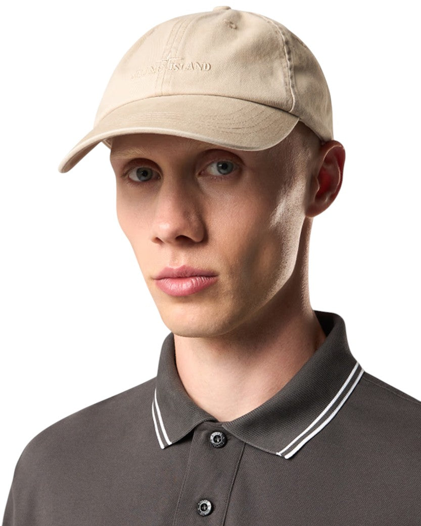 Stone Island 9100002 Brushed Cotton Gabardine Compass Logo Cap Beige