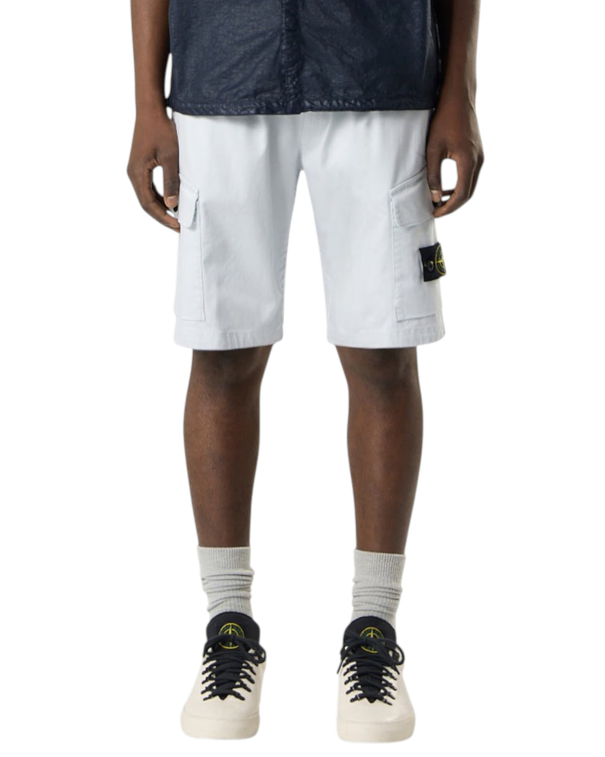 Stone Island L100L03 Organic Stretch Cotton Satin Regular Fit Cargo Bermuda Shorts Sky Blue